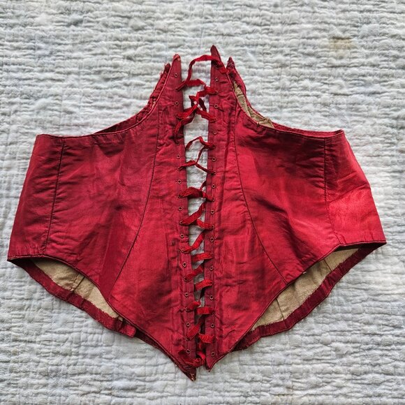 Antique Victorian Handmade Red Silk Lace Up Wasp Waist Corset With Boning - Picture 2 of 7